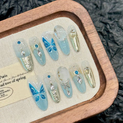 YICKYUE  -  Ice Blue Butterfly Decor False Nails Gold Magic Mirror Fashion Handmade Press on Nails Ins light Blue Sweet Fake Nail Tips