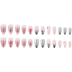 YICKYUE  -  24pcs Spicy Girl Style Fake Nails 3D Sliver Bow Butterfly Decor False Nails Wearable Y2k Sliver Pink Almond Press on Nail Tips