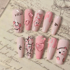 Yickyue Pink Piggy Pure Handmade Wearable fake Nails Cute Medium Length T False Nails Patches Easy To Remove For Girls Artificial Nails