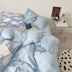 YICKYUE  -Simple Cloud Bed Sheet Quilt Cover All Cotton Washed Cotton Four-piece Set