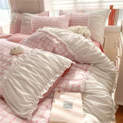 Yickyue Korean Style Princess Bedding Set Luxury Pink Lattice Duvet Cover Ruffles Lace Bedspread Bed Sheet Pillowcases