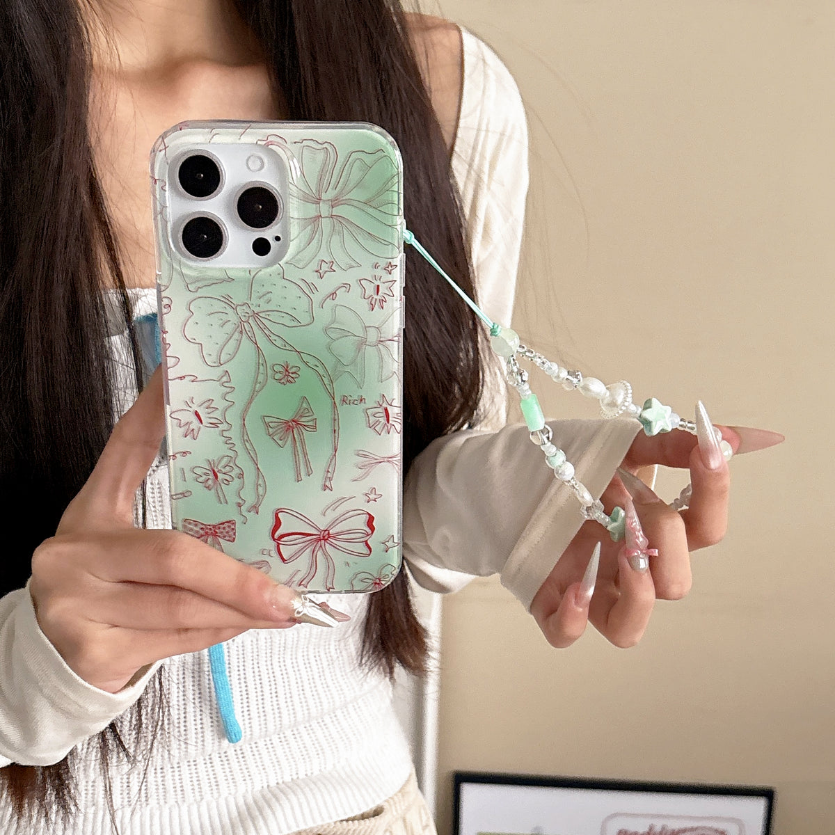 YICKYUE  -  Korean ins Gradient Green Cartoon Red Line Bow Butterfly Bracelet Phone Case for iPhone 16 15 14 13 Pro Max Back Cover Fund