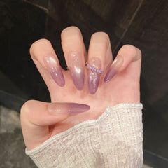 YICKYUE  -  10pcs Handmade Purples French Press on Nails Sweet Korean Bow Fake Nails Full Cover Wearable Glitter Cat Eye False Nail Tips