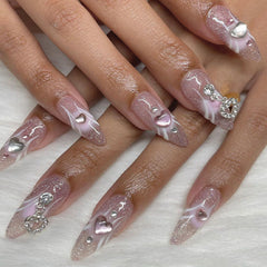 YICKYUE  -  24Pcs Simple Fake Nails Full Cover Nail Tips Long Almond False Nails with Diamond Chain Designs Wearable Oval Press on Nails