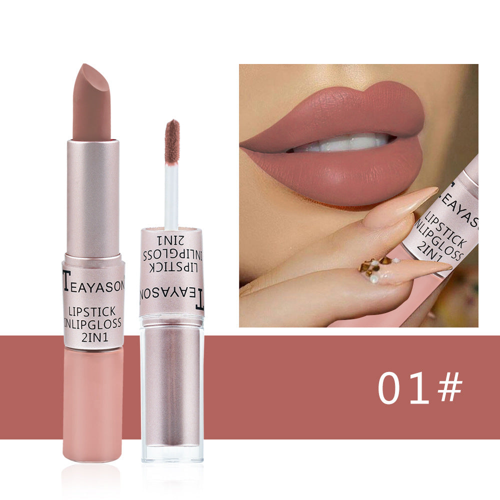 YICKYUE  -  Double-Headed Sexy Red Mist Face Matte Waterproof Nude Velvet Glossy Lip Gloss 12 Colors Lasting Women's Fashion Makeup Cosmetic