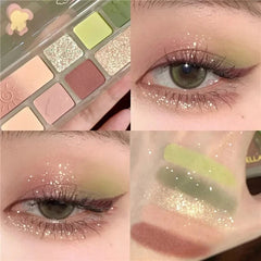 Yickyue 8 Color Eyeshadow Palette Brown Green Glitter Pearlescent Matte Eye Shadow Blush Makeup Waterproof Lasting Eye Pigments Cosmetic