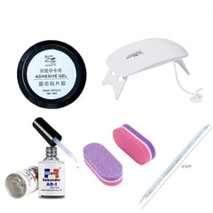 YICKYUE -  Handmade Long Almond Wearable Fake Nail Pure Colour Temperament False Nails Nude Pink Glitter Rhinestones Removable Nail Patch