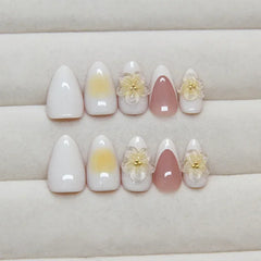 YICKYUE  -  24pcs White Almond False Nails French 3D Flower Design Nails Fake Press on Acyrlic Nails Wearable Ballerina Full Over Nail Tips