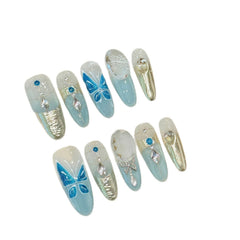 YICKYUE  -  Ice Blue Butterfly Decor False Nails Gold Magic Mirror Fashion Handmade Press on Nails Ins light Blue Sweet Fake Nail Tips