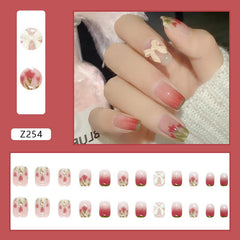 24pcs Coffin False Nails Pretty White Flower With Pearls Designs Ballerina Fake Tips Press On Artificial Full Cover Manicure