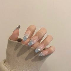 24Pcs Blue Sky White Clouds Designs False Nail Full Cover Fake Nails with Glue Detachable Wearable Manicure Nail Tips Decoration