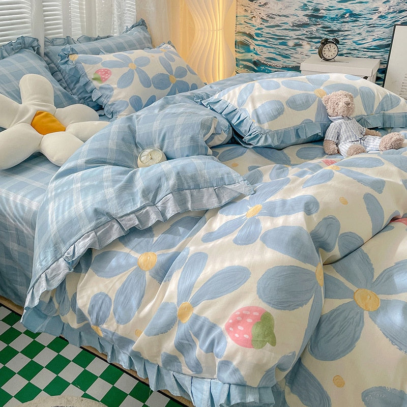 Lovely Princess Flower Print Ruffles Bedding Set 100% Cotton Cute Girls Duvet Cover Set with Bed Sheet Kawaii Bedding Sets Soft