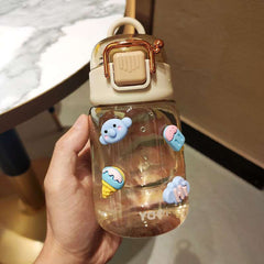 Summer Outdoor Portable Plastic Cup Female Student Children Cute Anti-fall Sports Cup Cartoon Sticker with Scale Water Bottle