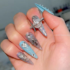 Handmade False Nail Tips Glittery Rhinestone Y2K Press On Nails Long Coffin Stiletto Reusable Fake Nail With Glue DIY Manicure