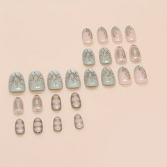 YICKYUE  -  Glossy 24-Piece Short Oval Press-On Nails - Green Tone with Intricate Sun & Cat Eye Design, Removable Nail Art Set