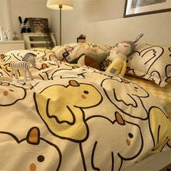 YICKYUE  -  INS Pink Rose Bear Bedding Set Duvet Cover Soft Home Textile Queen Size Flat Bed Sheet Quilt Cover Floral Pillowcase Kawaii