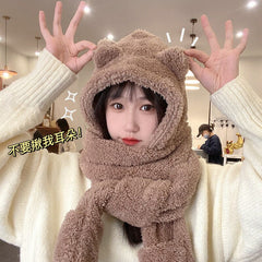 Female Hat Bib Gloves Winter Warmer Cute Cycling Warm Scarf Hat Winter Mask Scarf Integrated Face Display Cap