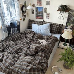 YICKYUE  -  Nordic Plaid Bedding Set, 100%Cotton, Duvet Cover, Bed Sheet, Pillowcase, Single, Double, Queen, King, Student Dormitory, 3/4Pcs