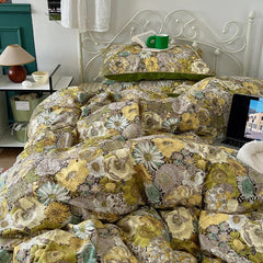 Yickyue 100% Cotton Floral Pattern Bedding Set Washed Cotton Single Double Queen King Duvet Cover Set Flat/Fitted Bed Sheet Pillowcases