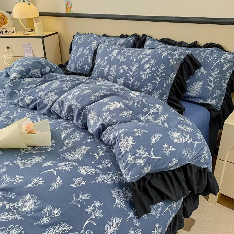 YICKYUE  -  Elegant Bedding Set Hepburn Style Lace Floral Duvet Cover Bed Sheet Quilt Set Three Piece Set French Dormitory Wash Ins