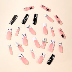 YICKYUE  -  24PCS Long Coffin Star Diamond False Nails Press On Acyrlic Nails Leopard Print French Y2K Fake Nails with Designs Ballet Nail
