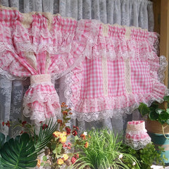 YICKYUE  -  Girl Room Cute Plaid Pattern Short Curtain for Living Room Lace Patchwork Decorative Princess Style Small Curtains Home Decor
