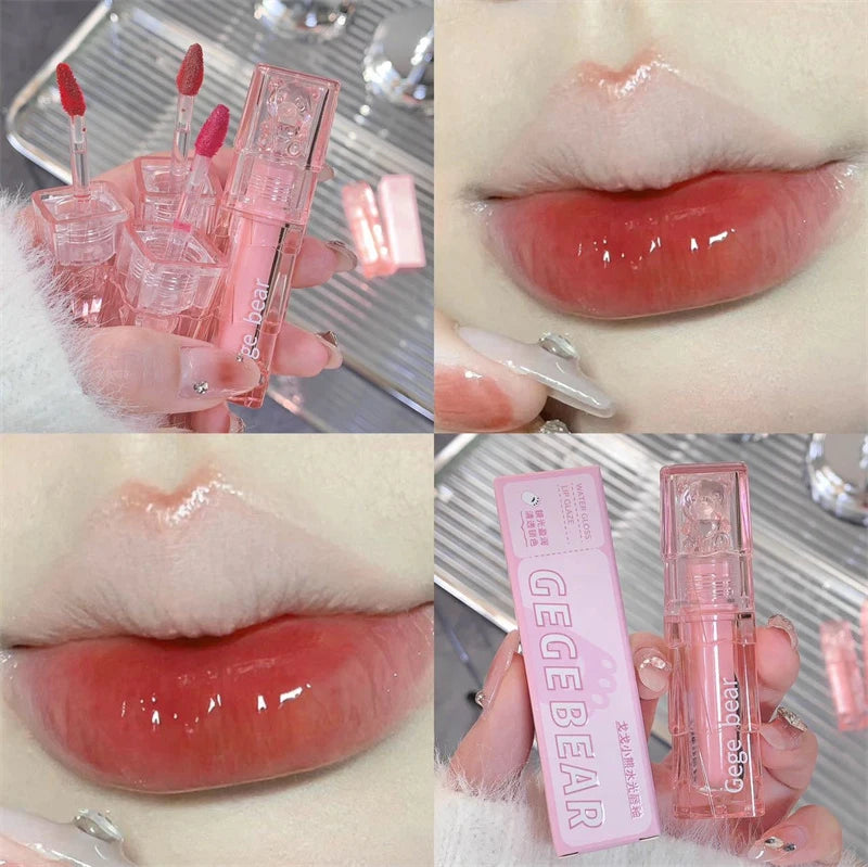 YICKYUE  -  Transparent Water Glossy Cute Bear Lip Gloss Red Mirror Jelly Liquid Lipstick Moisturizing Long-lasting Lip Tint Stain Cosmetics