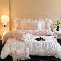 YICKYUE  -  Pink Gingham with Bow Ruched Bedding Set