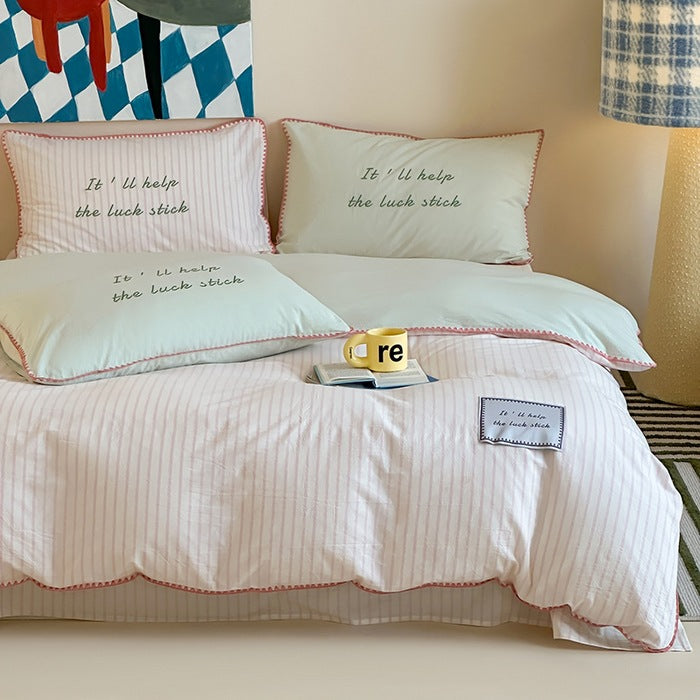 YICKYUE  -  Korean Style INS Striped Cotton 4-Piece Bedding Set - Soft Triangular Stitch Duvet Cover