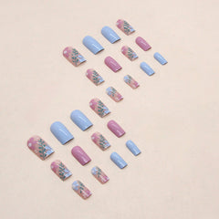 YICKYUE  -  Fresh Rose Red Light Blue Flower Leaves Solid Color Glitter Powder Full Square False Fake Art Nails Tips Press on Glue Manicure
