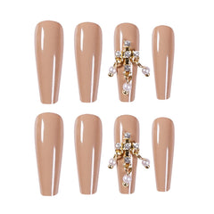 Milk tea color decorated false nails inlaid pearl rhinestone cross pendant wear manicure fake nail nail patch TN