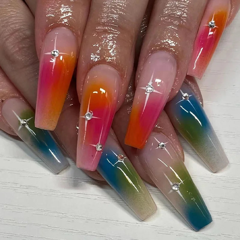 YICKYUE  -  Chic Red Stars Grid Pink Rhinestone Halo Dyeing French Ripple Print Fake Nail Art Detachable Finished False Nails Press on Nails