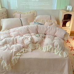 YICKYUE  -  Pink Butterfly Carved Velvet Lace Ruffles Soft Warm Bedding Set Single Queen King Size Duvet Cover Set Bed Sheet Pillowcases