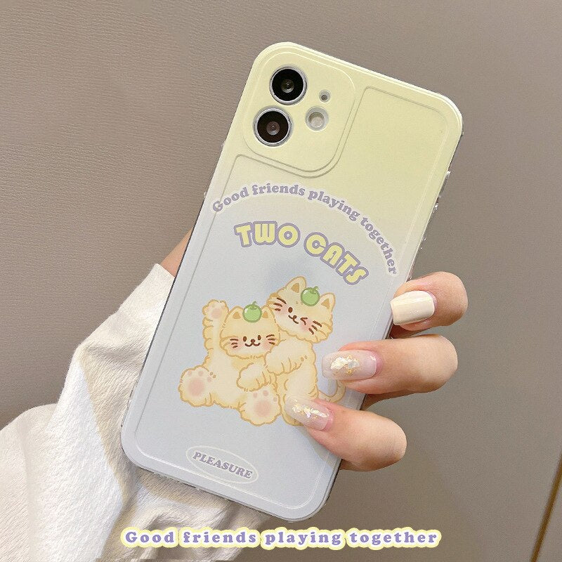 Two cats best friend phone case for iphone x xr 7 8 plus xs max 12 mini 11 pro max cute cartoon silicone animal cover shell capa