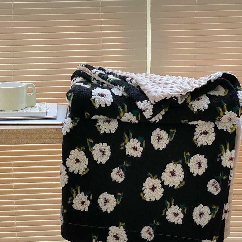 YICKYUE  -  Retro Wool Blended Blanket Elegant Daisy Embroidery Comfor Office Nap Blanket Home Sofa Cover Velvet Blanket Portable Bedding