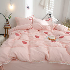 Sweet All Cotton Washed Cotton Four-Piece Embroidered Pure Cotton Bed Sheet Duvet Cover Girl's Heart Princess Style Pink Bedding