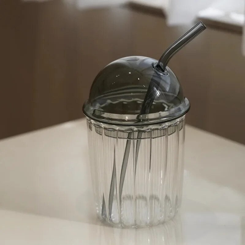 YICKYUE  -  Simple Striped Glass Straw Cup with Cute Lid,Juice Bubble Water Cup,Heat-resistant Coffee Cup,Colorful Drinking Cup Water Bottle