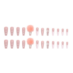 YICKYUE  -  Pink Leopard Print Handmade Press on Nails Cotton Candy Ball Glass Rhinestone Heart-Shaped Decoration French Cute Nail Art