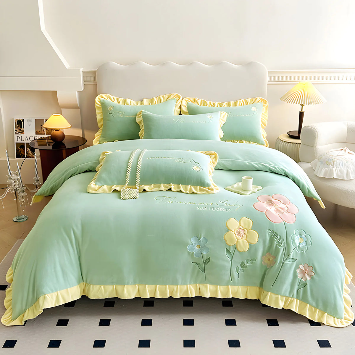 Yickyue - Floral Embroidery Matte Milk Velvet Comforter Cover Bedding Set