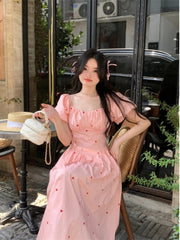YICKYUE  -  French Gentle Square Collar Bubble Sleeve Vestidos Temperament Dress Female Robe Summer New Waist A-wave Long Dresses