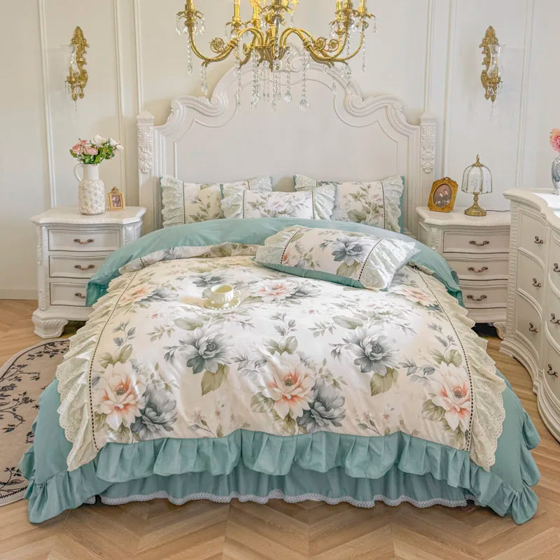 YICKYUE  Korean Princess Style 100% Cotton Bedding Set French Flowers Print Lace Ruffles Duvet Cover Bed Skirt Bedspread Pillowcases 4Pcs