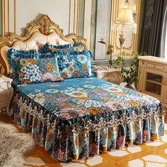 Thick Bedspread Warm Velvet Bed Covers Skirt Floral Print Pattern Lace Bedding Queen Bedded Set Mattress Cover Decor Decoration
