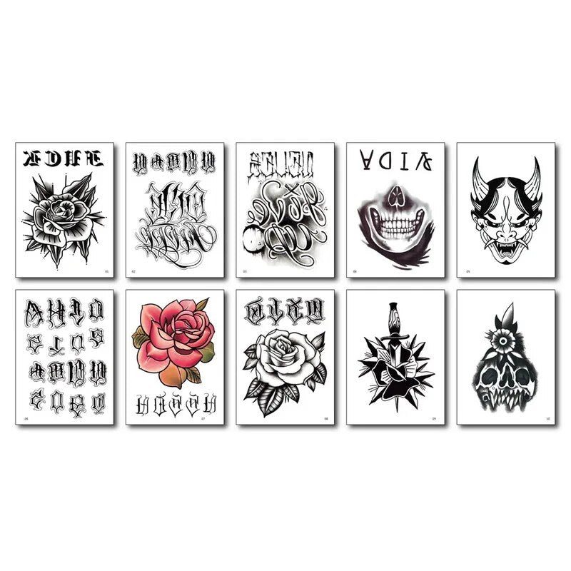 YICKYUE  -  10sheets/lot hand rose tattoo halloween stickers face tattoo death skull men unique flower tattoos temporary henna tattoos black