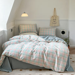 YICKYUE  -  New Pink Plaid Quilt Color Woven Washed Cotton Bedding Set of Four Piece Pure Cotton Single Double Single Pillow Case Bedroom