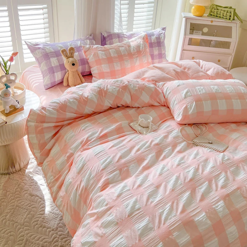 YICKYUE  -  Chic Seersucker Bedding Set Washed Brushed Comforter Duvet Cover Flat Sheets Pillowcase Lightweight Soft Home Textile Bed Linen