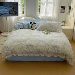 YICKYUE  -  Blue Floral Ruffle Duvet Cover Set Queen Flower Leaf Comforter Covers 4Pcs Soft Luxury Pastoral Garden Washed Cotton Bedding Set