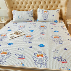 Cartoon Printed Summer Cooling Bed Mat Thai Latex Filing Cool Ice Silk Bed Sheet Set Queen Cools Mattress Pad with Elastic Band