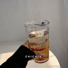 Korean Ins Style Straw Cup Large Capacity Simple Letter Glass Cup Coffee Breakfast Water Cup With Cover Straw Cute