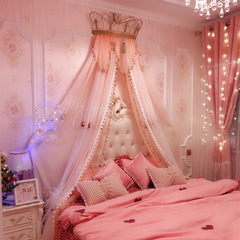 YICKYUE -  Princess Bed Curtain with Crown Bed Head Gauze Deer Embroidery Wave Beauty Bedside Decoration Yarn Bed Valance Mosquito Net