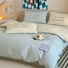 YICKYUE  -  Korean Style INS Striped Cotton 4-Piece Bedding Set - Soft Triangular Stitch Duvet Cover
